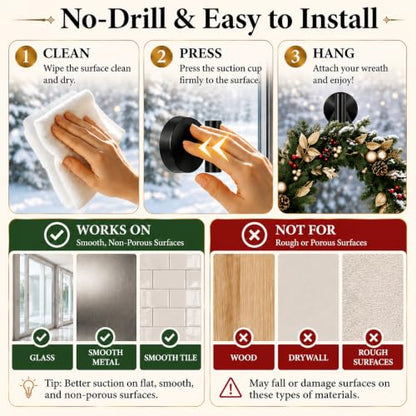 Black Suction Cup Wreath Hanger for Front Door and Glass Windows - No Drill Hooks