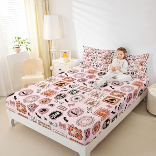Manfei Halloween Kids Fitted Sheet Set Twin Pink Orange with Ghost Pumpkin - Deep Pocket Bedding