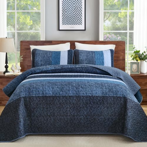 King Navy Blue Striped Quilt Set - 3-Piece Boho Bedding with Shams
