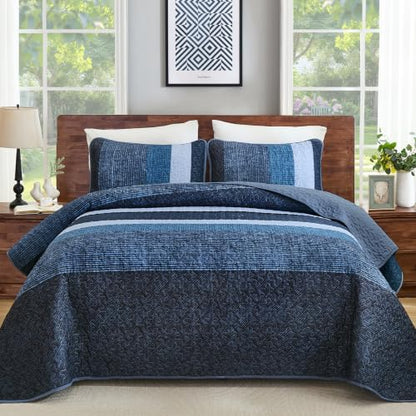 King Navy Blue Striped Quilt Set - 3-Piece Boho Bedding with Shams