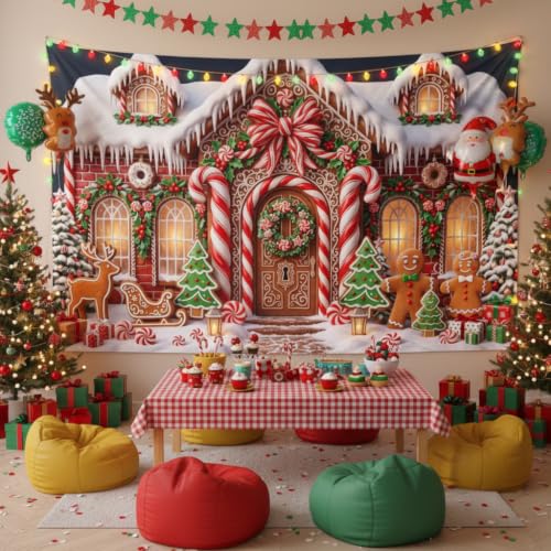 Christmas Gingerbread House Backdrop Banner Xmas Party Decor Multi8 10x8ft