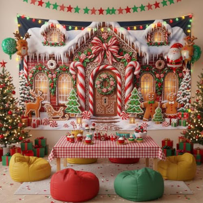 Christmas Gingerbread House Backdrop Banner Xmas Party Decor Multi8 10x8ft