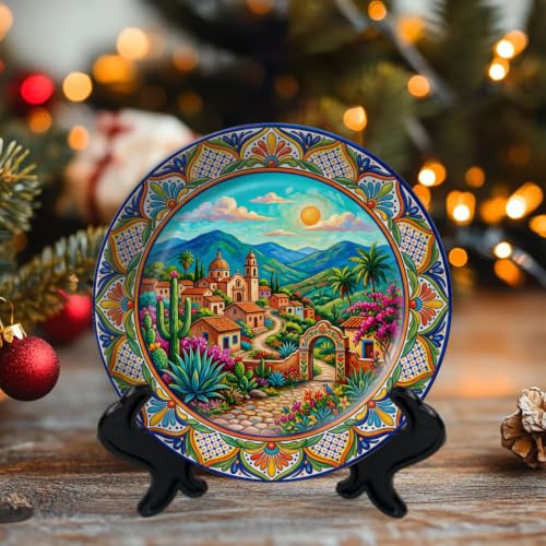 10-Inch Colorful Ceramic Decorative Plate with Stand & Wall Hook - Mexican Village Landscape