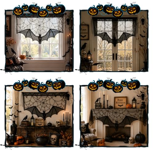 Halloween Black Lace Bat Window Curtains - Spiderweb Design, 2 Pack - Variation of Black-Bat/2
