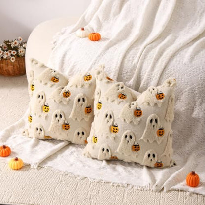 Beige Ghost Halloween Pillow Covers 18x18 Set of 2 - Cute Ghost Decor