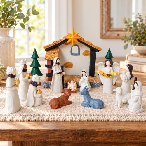 15-Piece Christmas Nativity Scene Set with Lighted Stable and Figures