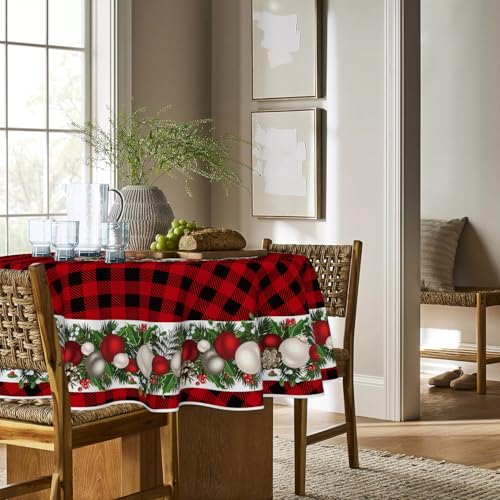 Christmas Round Tablecloth 90x90 Inch Red Plaid Holiday Decor - Washable