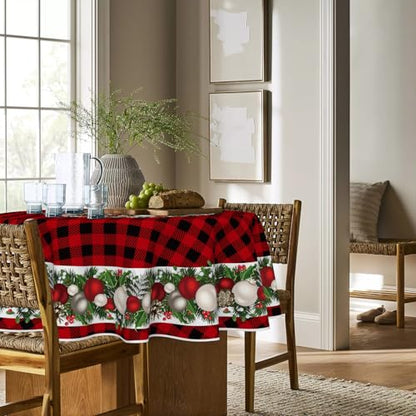 Christmas Round Tablecloth 90x90 Inch Red Plaid Holiday Decor - Washable