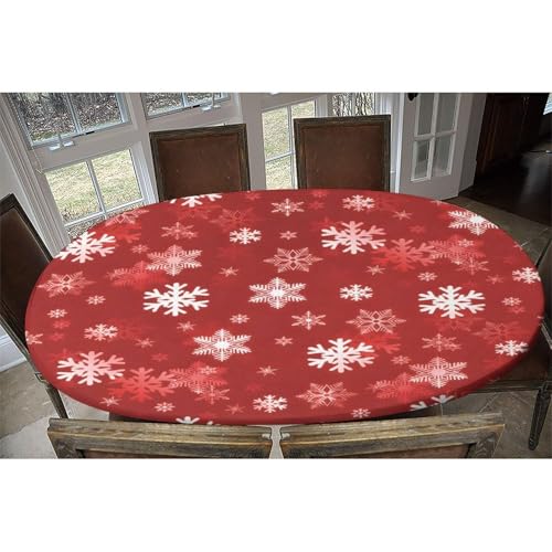 Christmas Snowflake Elastic Fitted Tablecloth - Red & White Xmas Oval Cover 48x68"