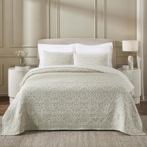 Queen Cotton Blend Coverlet - Decorative Bed Spread, Vineyard Collection, Beige