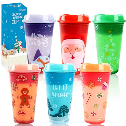 6 Pcs Christmas Color Changing Hot Coffee Cups with Lids - 16 Oz Reusable Plastic Tumblers for Holiday Parties
