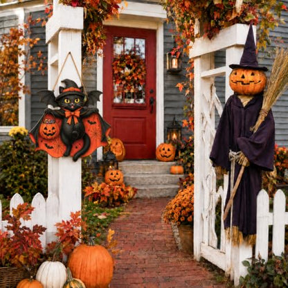 Halloween Black Cat Door Sign with Bat Pumpkin Wreath Wood Decor