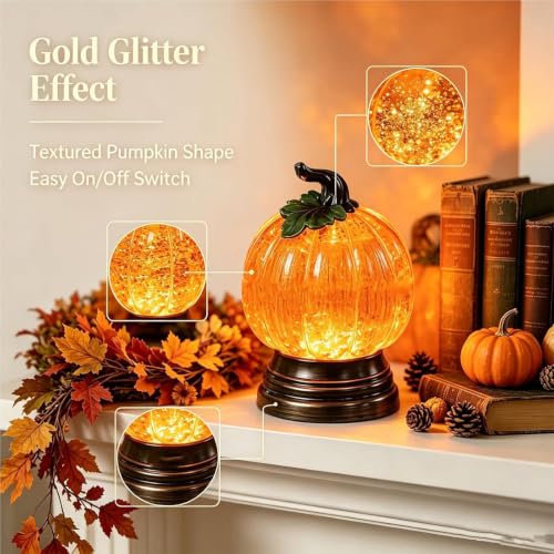 Glitter Lighted Pumpkin Snow Globe - Halloween Decor with Warm Orange LED - Without Battery