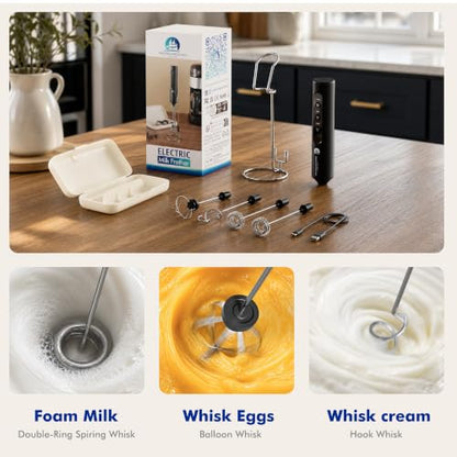 Black Rechargeable Milk Frother with Stand and 4 Whisks – Handheld Mixer for Lattes, Matcha, Eggs & Shakes