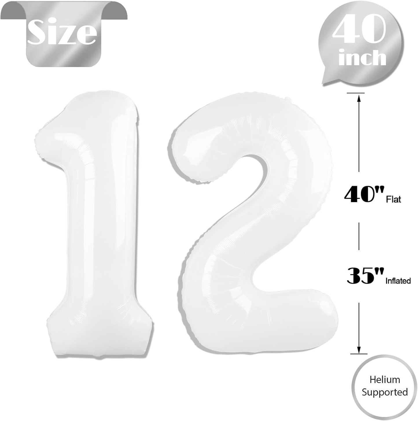 Number 12 Balloon by Party Essentials - 40 Inch White Birthday Decoration for 12th Birthday Celebration