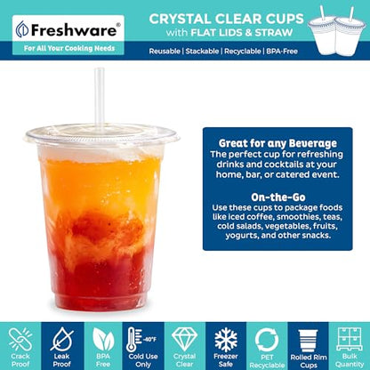 Freshware 12 oz Clear Disposable Plastic Cups with Flat Lids and Straws, 100 Pack Clear Plastic Cups Tumblers, Heavy-duty Party Glasses, Disposable Cups for Thanksgiving, Halloween, Christmas Party