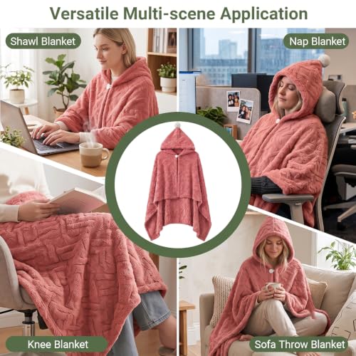 Watermelon Red Hooded Fleece Poncho Cape with Pom Pom for Women 55x39in - Divguf