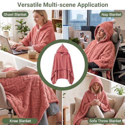 Watermelon Red Hooded Fleece Poncho Cape with Pom Pom for Women 55x39in - Divguf