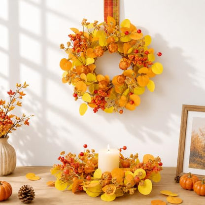Thanksgiving Mini Eucalyptus Wreath Set - 2 Pcs Fall Decor with Plaid Ribbons