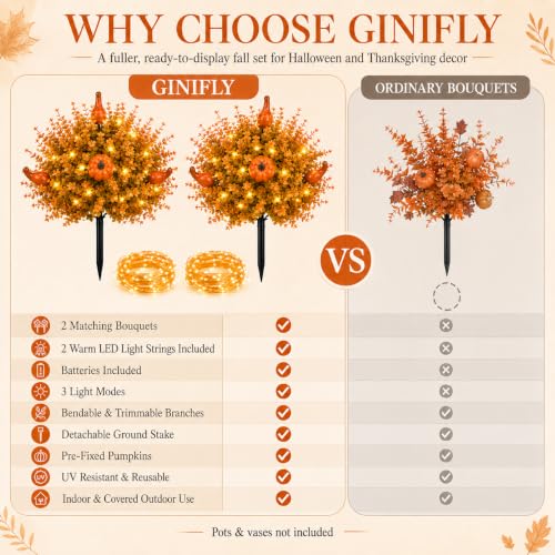 Artificial Fall Decor Stems with Pumpkins & LED String Lights - Indoor Outdoor