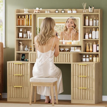 Lighted Vanity Desk with Mirror, 7 Drawers & 6 Open Shelves, USB & Outlet Power