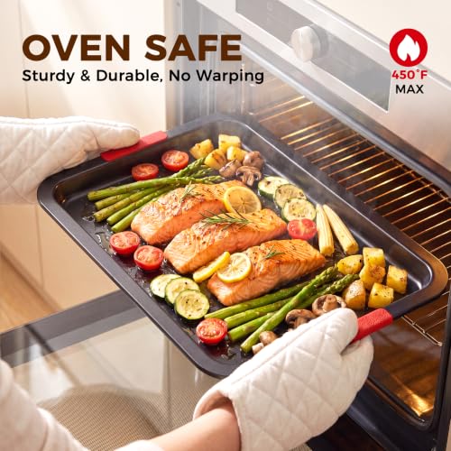 Nonstick Cookie Sheet Set of 3 - Carbon Steel Baking Pans with Lychee Handles, Gray Variation
