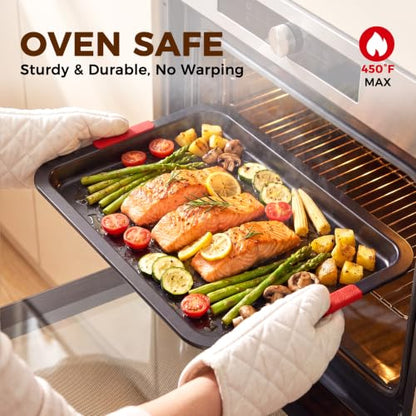 Nonstick Cookie Sheet Set of 3 - Carbon Steel Baking Pans with Lychee Handles, Gray Variation