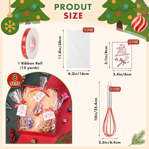 Christmas Red Silicone Whisk Gift Set - 8 Pack 10 Inch Kitchen Utensils with Greeting Cards & Ribbons