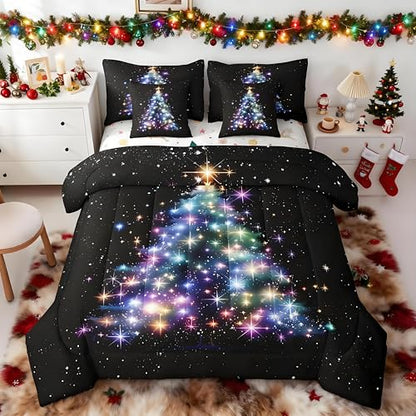 Feelyou Glitter Christmas Tree Comforter Set with Galaxy Sheets Black Queen Size 7 Pieces