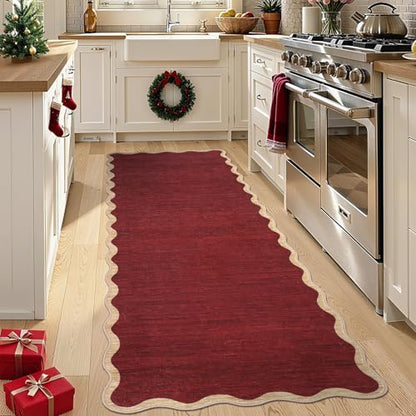 Christmas Red Washable Runner 2x6 Non-Slip Kitchen Rug with Scalloped Edges - Holiday Decor