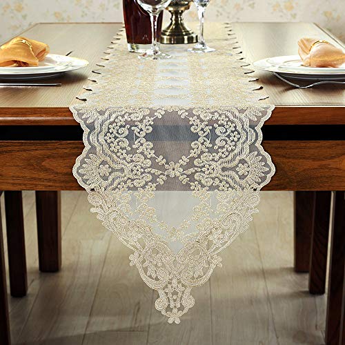 ARTABLE Light Gold Lace Table Runner Macrame Embroidered 12x96 Inch - Art Deco Style