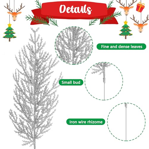 Artificial Pine Branches with Silver Glitter - 25 Pcs 13.5" Christmas Wreath Decor