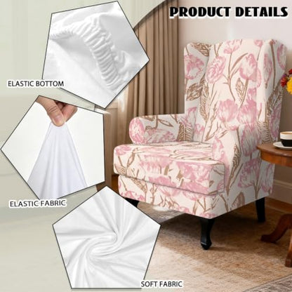 Pink Floral Stretch Wingback Chair Cover Set of 2 - Slipcovers for Living Room