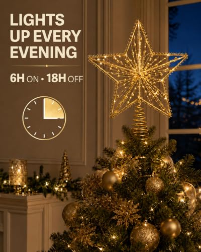 Noiclub Gold Christmas Tree Topper Star 10 Inch Beaded Metal with Timer