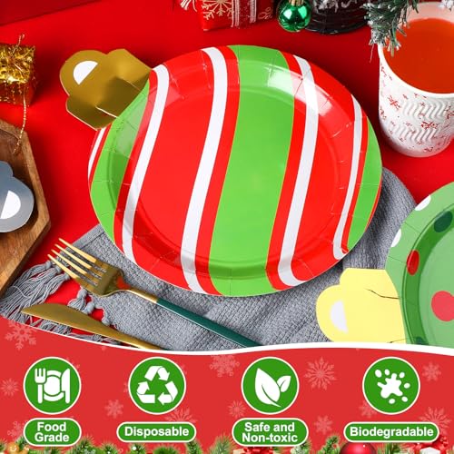 Christmas Disposable Plates Bulk Set - 120 Pcs 9 Inch Light Shaped Party Dinnerware with Variation Ornaments Ball