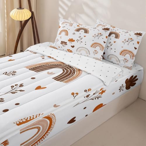Rainbow Zipper Bedding Set Twin - Boho Microfiber Comforter & Pillowcases, Light Blue/White/Brown/Beige Variation