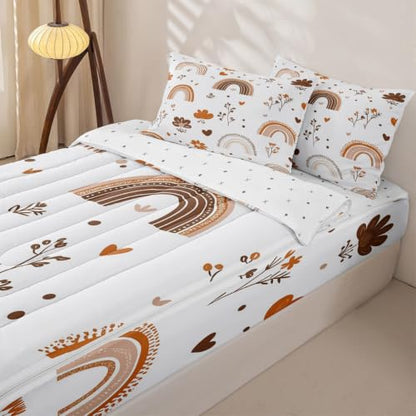 Rainbow Zipper Bedding Set Twin - Boho Microfiber Comforter & Pillowcases, Light Blue/White/Brown/Beige Variation