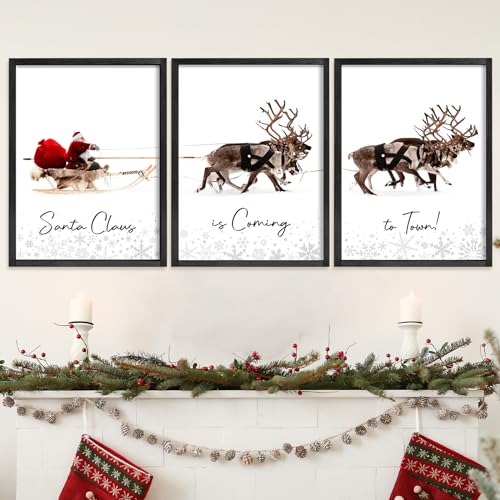 Christmas Wall Art Set of 3 Santa Claus with Sleigh Deer Framed 16x24 Black