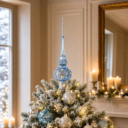 Ornate Blue Silver Glass Christmas Tree Topper with Hand-Painted Details