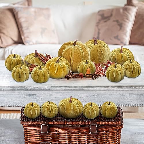 Artificial Velvet Pumpkins Set - Yellow Olive, 16 Pieces Fall Decor