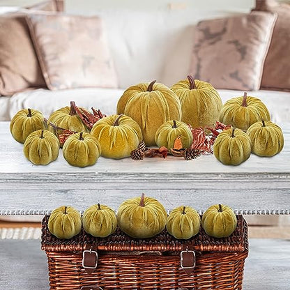Artificial Velvet Pumpkins Set - Yellow Olive, 16 Pieces Fall Decor