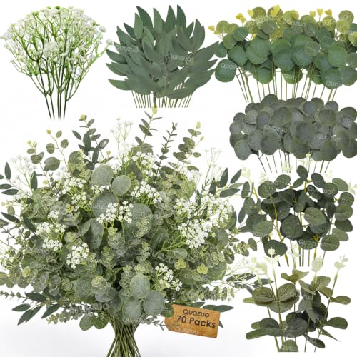 Artificial Eucalyptus Leaves Stems Bulk 70 Pcs Faux Greenery for Wedding and Home Decor