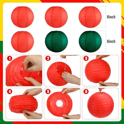 Christmas Candy Hanging Decorations Set - Red & Green, 21 Pcs with Fans, Pom Poms & Lanterns - Variation of Candy