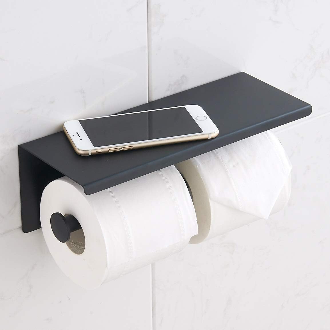 BGL 304 Stainless Steel Double Toilet Paper Holder - Matte Black Wall-Mounted Design with Shelf