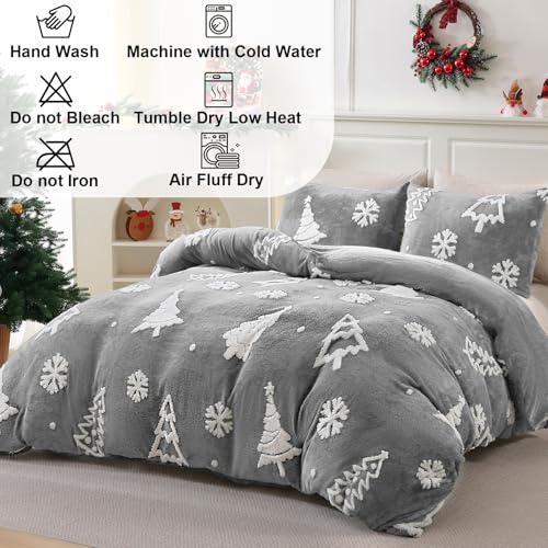 King Size Christmas Duvet Cover Set with Christmas Tree Jacquard Fluffy Bedding - Grey, 3 Pieces