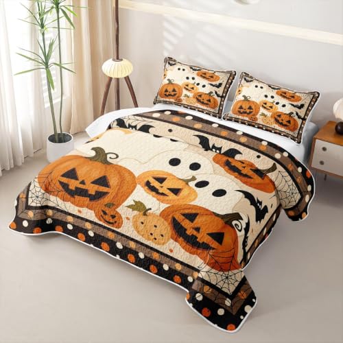 Feelyou Gothic Pumpkin Quilt Set - Orange King Size Halloween Bedding