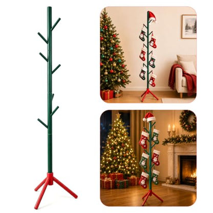 Christmas Stocking Holder Stand with 7 Hooks - Wooden Holiday Floor Rack