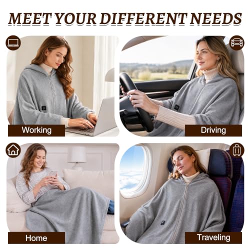 Grey USB Heated Shawl Wrap - Portable Wearable Blanket for Women, 71x24 Inches