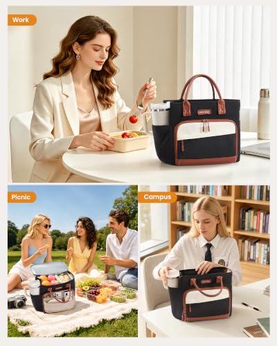 Large Insulated Lunch Bag for Women - 13L Black Beige Brown - Leakproof & Organized