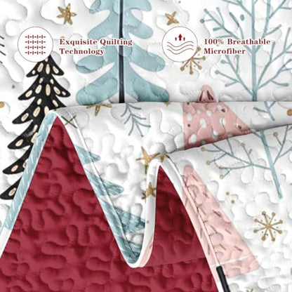 Queen Christmas Quilt Set with Tree Forest Pattern - 3 Piece Bedspread and Shams